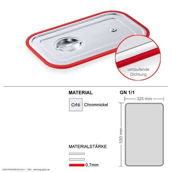 Gastronorm GN 1-1 Transportdeckel - umlaufender Silikon Dichtungsri- unter W-A-S