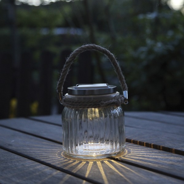 LED Solarglas - geriffeltes Glas - Windlicht mit Juteseil - Lichtse- unter MARELIDA